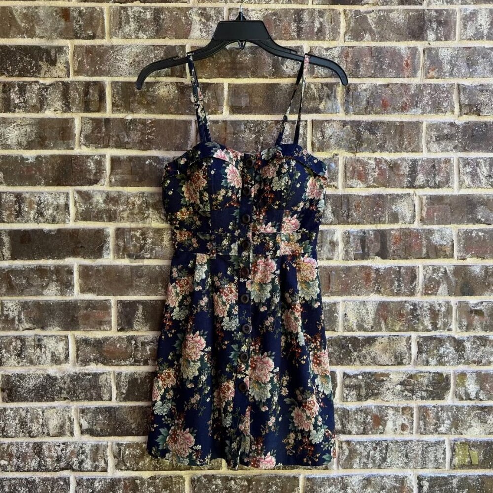 Dalia's Bustier Mini Dress Button Up Navy Blue Floral Spaghetti Strap Size M
